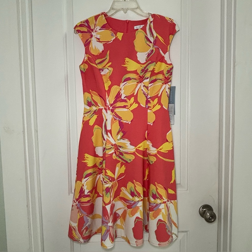 NWT London Times Coral and Yellow Floral Print Cap Sleeve Fit Flare Dress